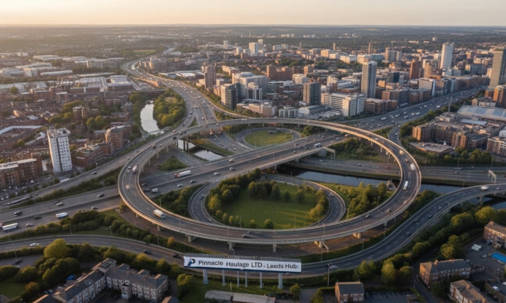 Aerial view of Leeds motorway interchange showing M1 M62 connection for road haulage" | Leeds, road haulage, M1, M62 |