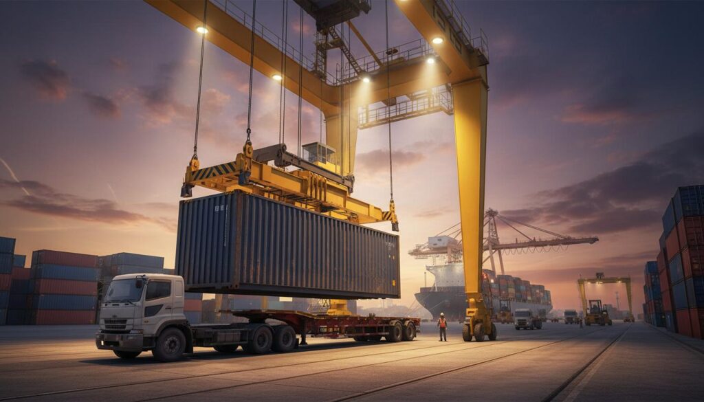 Container haulage operation loading 20ft shipping container for freight transport" | container haulage, freight transport