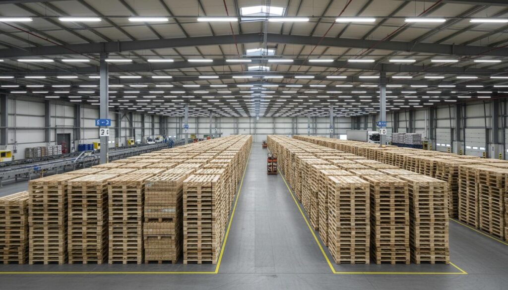 "Pallet transport warehouse with stacked pallets ready for road haulage delivery across the UK" | pallet transport, road haulage, UK